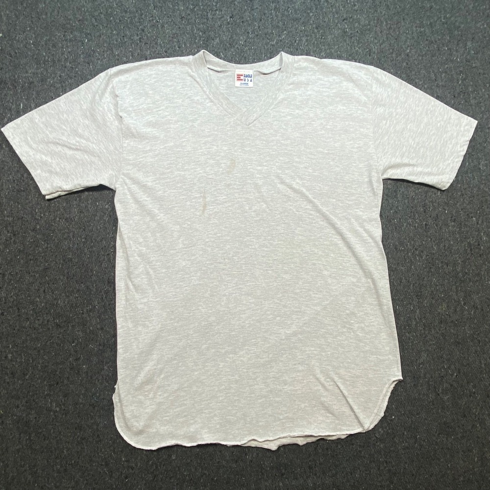 Eagle USA Vintage 90s Men XL Gray V Neck Curved Hem Shirt Made in USA Distressed